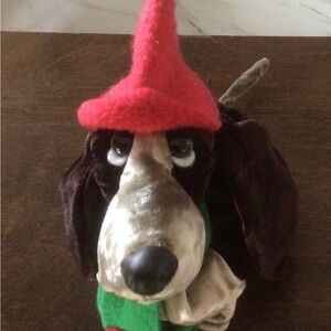 Vintage Plush Dog Toy with Red Hat and Green Scarf - Soft Brown & Cream Puppy